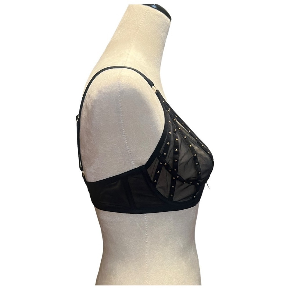 Frederick’s of Hollywood black mesh with gold studs rozlyn bra size 32DD NWT - Picture 6 of 8